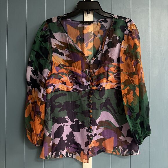 BCBGmaxazria Floral Print SILK Peasant Blouse Women’s Size L Large Chiffon - Picture 9 of 11